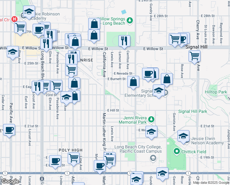 map of restaurants, bars, coffee shops, grocery stores, and more near 2325 Lemon Avenue in Signal Hill