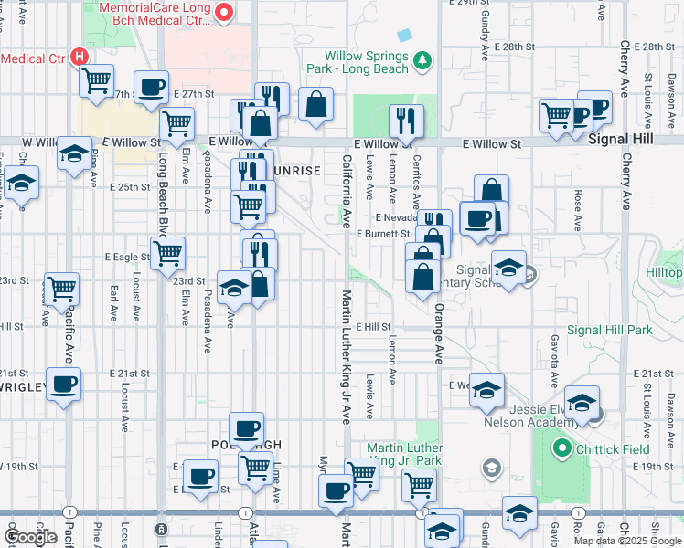 map of restaurants, bars, coffee shops, grocery stores, and more near 2300 Martin Luther King Junior Avenue in Long Beach