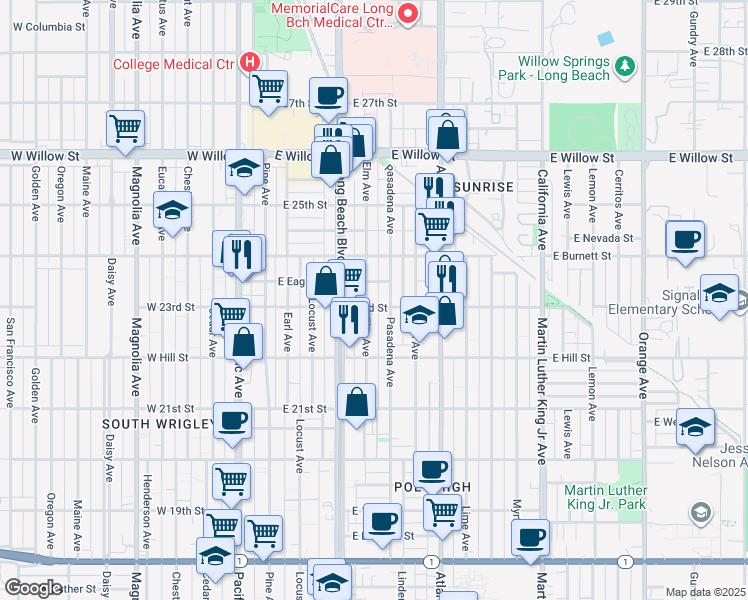map of restaurants, bars, coffee shops, grocery stores, and more near 2324 Elm Avenue in Long Beach