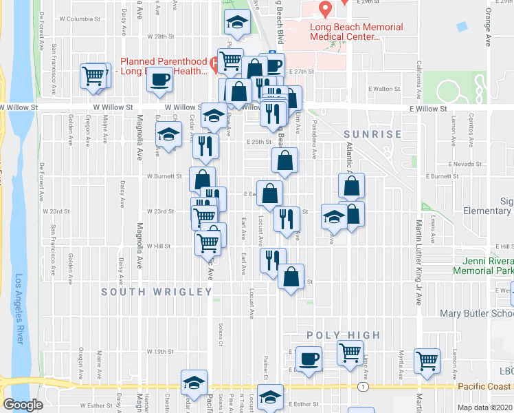 map of restaurants, bars, coffee shops, grocery stores, and more near 154 East Eagle Street in Long Beach