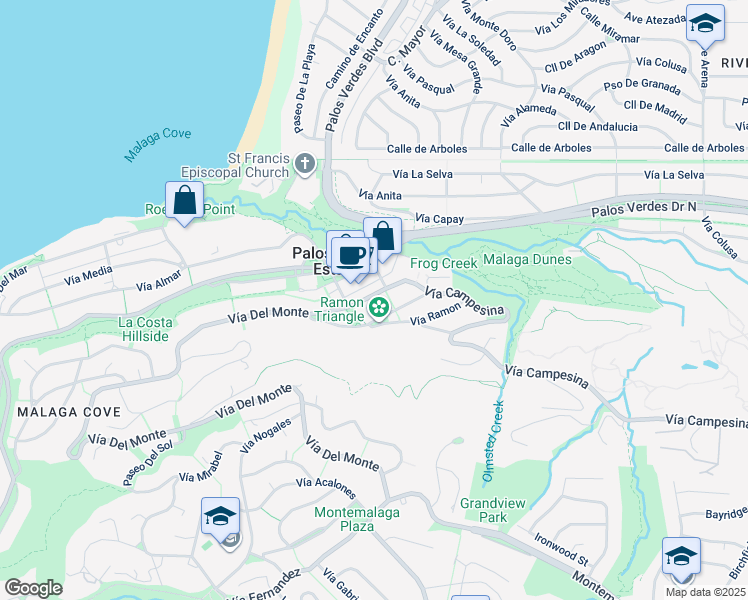 map of restaurants, bars, coffee shops, grocery stores, and more near 2425 Vía Campesina in Palos Verdes Estates