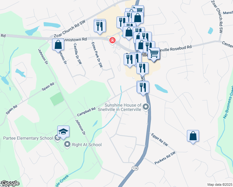 map of restaurants, bars, coffee shops, grocery stores, and more near 3594 Broxton Lane in Snellville
