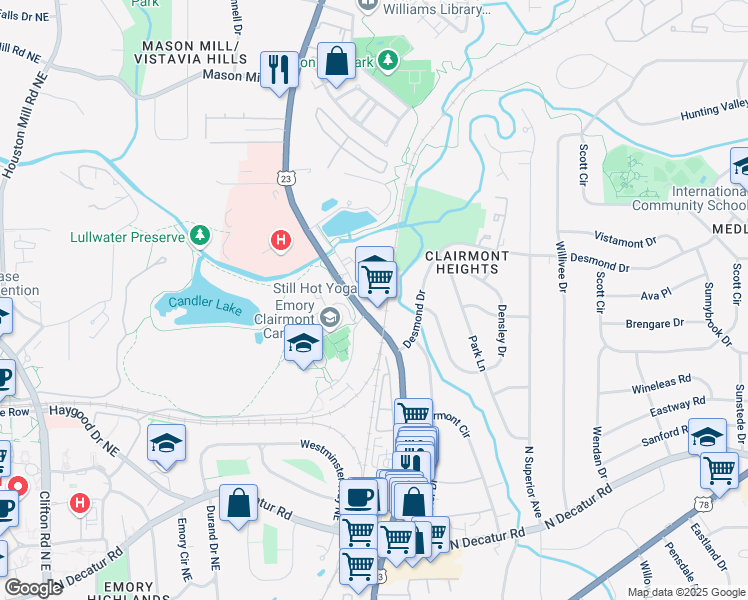 map of restaurants, bars, coffee shops, grocery stores, and more near 1549 Clairmont Road in Decatur