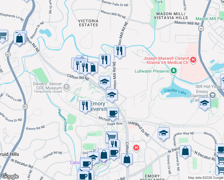map of restaurants, bars, coffee shops, grocery stores, and more near 1618 North Gatewood Road Northeast in Atlanta