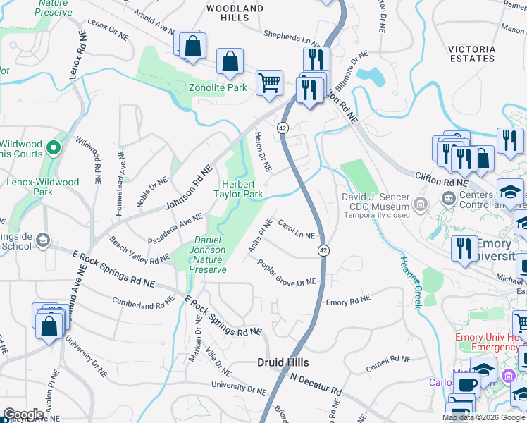 map of restaurants, bars, coffee shops, grocery stores, and more near 1644 Anita Place Northeast in Atlanta