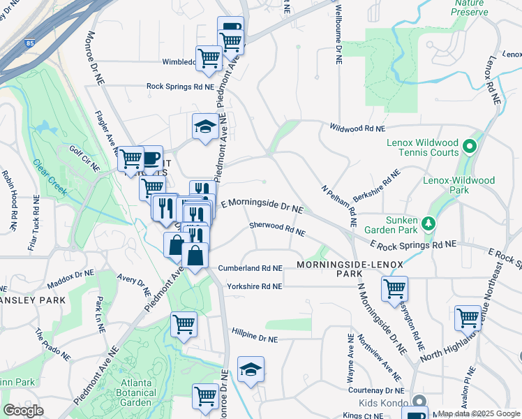 map of restaurants, bars, coffee shops, grocery stores, and more near 685 East Morningside Drive Northeast in Atlanta