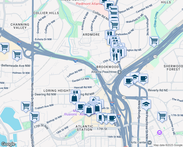 map of restaurants, bars, coffee shops, grocery stores, and more near 1642 Loring Drive Northwest in Atlanta