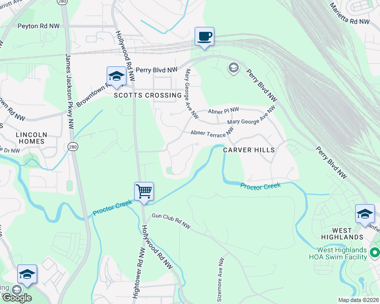 map of restaurants, bars, coffee shops, grocery stores, and more near 2643 Abner Place Northwest in Atlanta