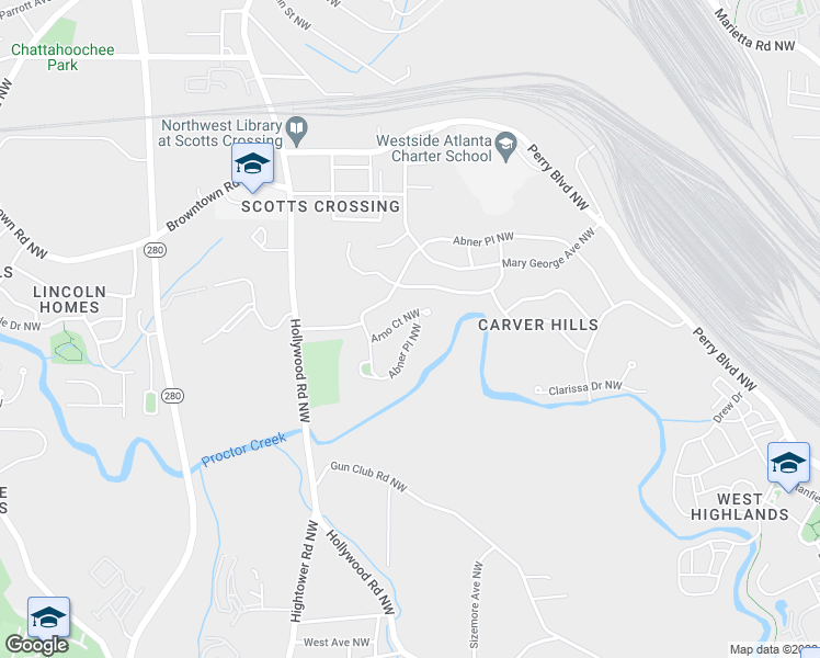 map of restaurants, bars, coffee shops, grocery stores, and more near 2643 Abner Place Northwest in Atlanta