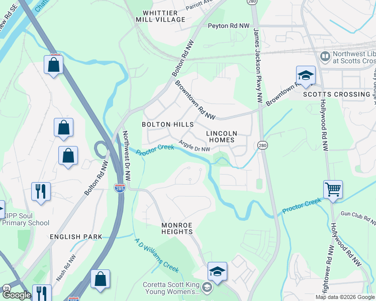 map of restaurants, bars, coffee shops, grocery stores, and more near 2885 Argyle Drive Northwest in Atlanta