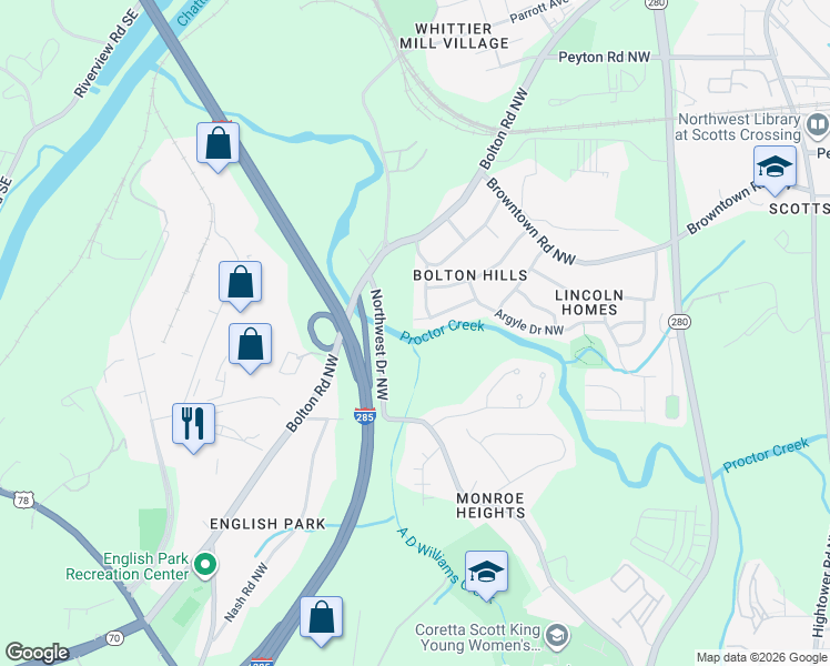 map of restaurants, bars, coffee shops, grocery stores, and more near 2996 Besto Drive Northwest in Atlanta