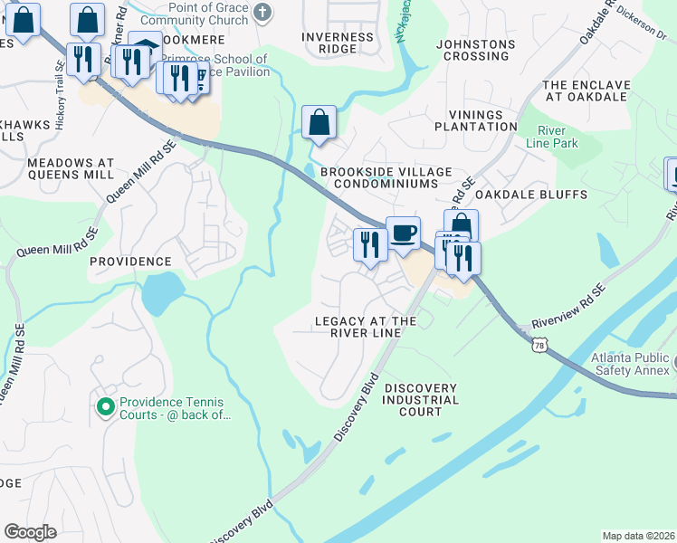 map of restaurants, bars, coffee shops, grocery stores, and more near 6322 Century Park Place in Mableton
