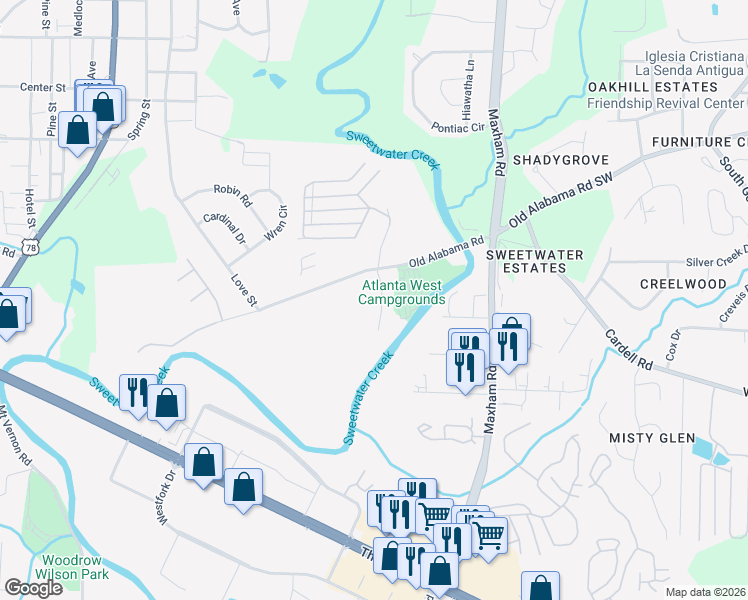 map of restaurants, bars, coffee shops, grocery stores, and more near 2444 Old Alabama Road in Austell