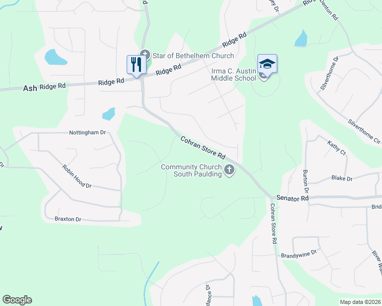 map of restaurants, bars, coffee shops, grocery stores, and more near 446 Cohran Store Road in Douglasville