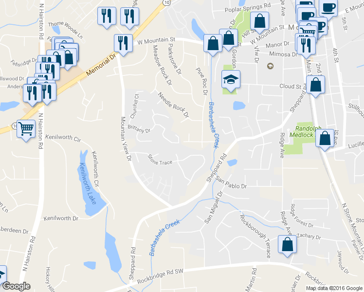 map of restaurants, bars, coffee shops, grocery stores, and more near 5115 Leland Drive in Stone Mountain