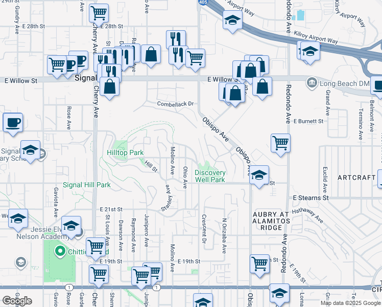 map of restaurants, bars, coffee shops, grocery stores, and more near 2700 East Panorama Drive in Signal Hill