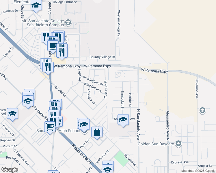map of restaurants, bars, coffee shops, grocery stores, and more near 1004 Sussex Road North in San Jacinto