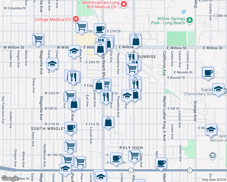 map of restaurants, bars, coffee shops, grocery stores, and more near 2310 Elm Avenue in Long Beach
