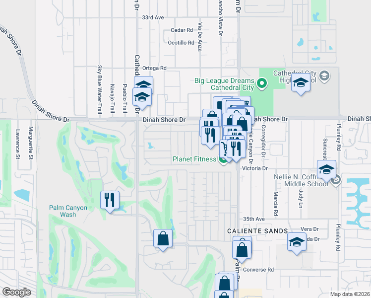 map of restaurants, bars, coffee shops, grocery stores, and more near 154 Hilligoss Drive in Cathedral City