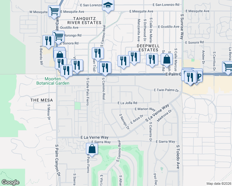 map of restaurants, bars, coffee shops, grocery stores, and more near 1820 Aquanetta Drive in Palm Springs
