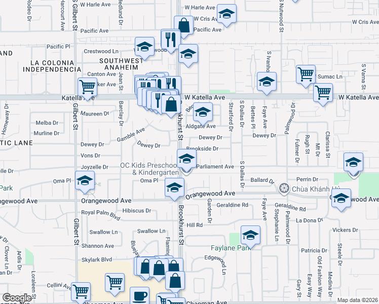 map of restaurants, bars, coffee shops, grocery stores, and more near 10021 Brookside Drive in Garden Grove