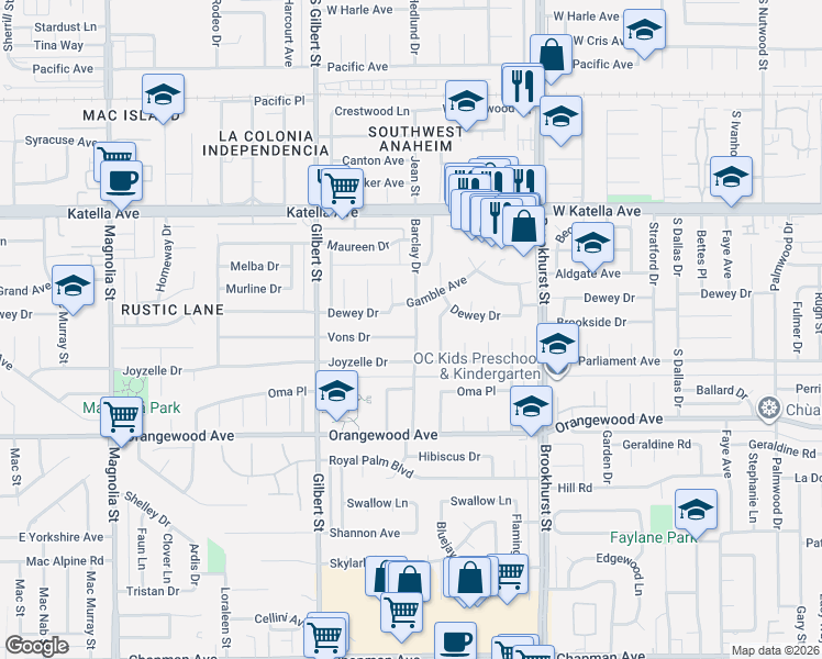 map of restaurants, bars, coffee shops, grocery stores, and more near 9662 Dewey Drive in Garden Grove