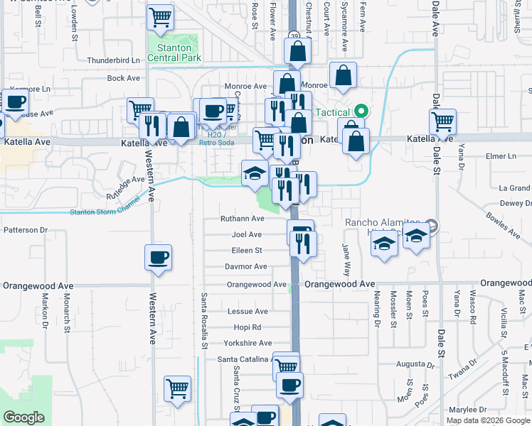 map of restaurants, bars, coffee shops, grocery stores, and more near 7891 Ruthann Avenue in Stanton