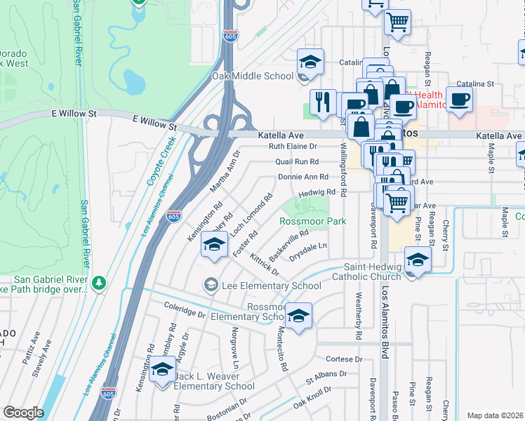 map of restaurants, bars, coffee shops, grocery stores, and more near 11301 Loch Lomond Road in Los Alamitos