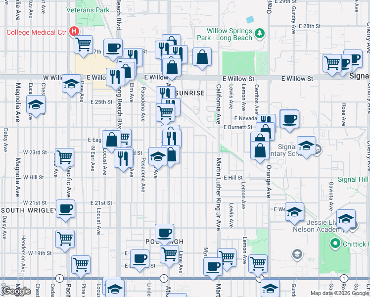 map of restaurants, bars, coffee shops, grocery stores, and more near 2308 Lime Avenue in Long Beach