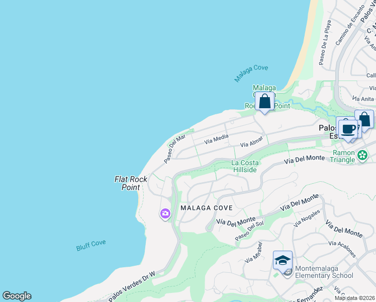 map of restaurants, bars, coffee shops, grocery stores, and more near 569 Vía Media in Palos Verdes Estates