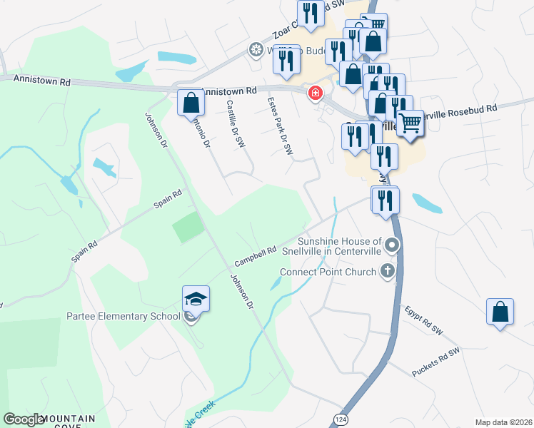 map of restaurants, bars, coffee shops, grocery stores, and more near 4161 Campbell Road in Snellville