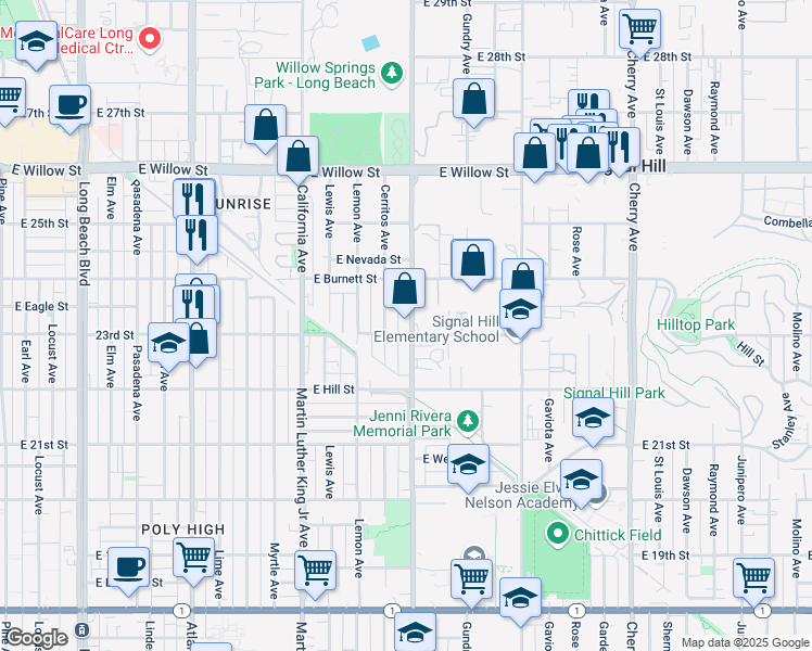 map of restaurants, bars, coffee shops, grocery stores, and more near 2310 Orange Avenue in Signal Hill