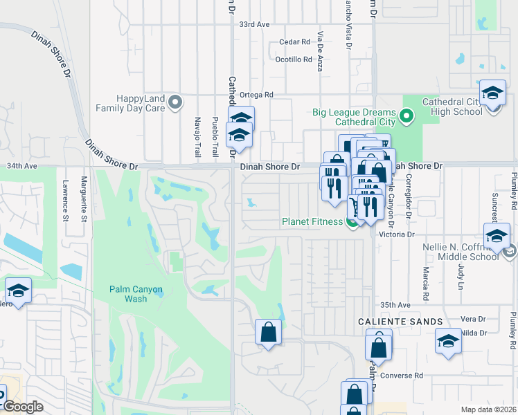 map of restaurants, bars, coffee shops, grocery stores, and more near 191 Shepard Drive in Cathedral City