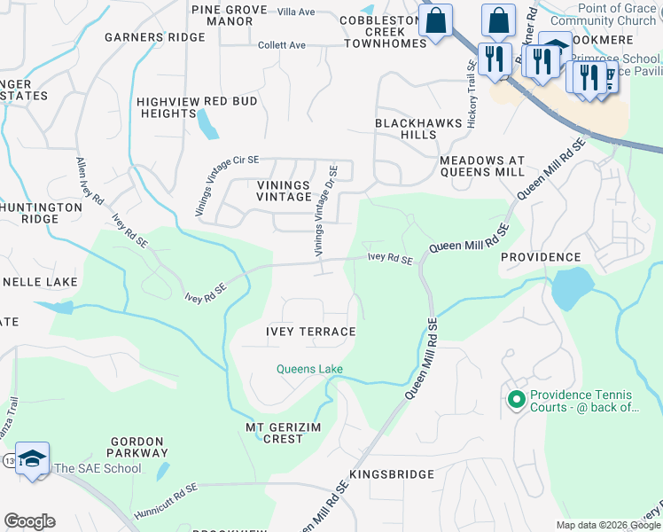 map of restaurants, bars, coffee shops, grocery stores, and more near 537 Glen Abbey Circle in Mableton