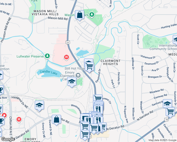 map of restaurants, bars, coffee shops, grocery stores, and more near 1549 Clairmont Road in Decatur