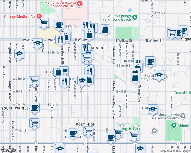 map of restaurants, bars, coffee shops, grocery stores, and more near 2308 Lime Avenue in Long Beach