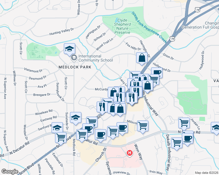 map of restaurants, bars, coffee shops, grocery stores, and more near 2548 McCurdy Way in Decatur