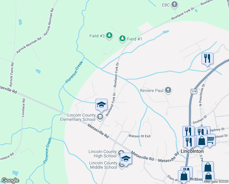 map of restaurants, bars, coffee shops, grocery stores, and more near 1277 Rowland-York Drive in Lincolnton