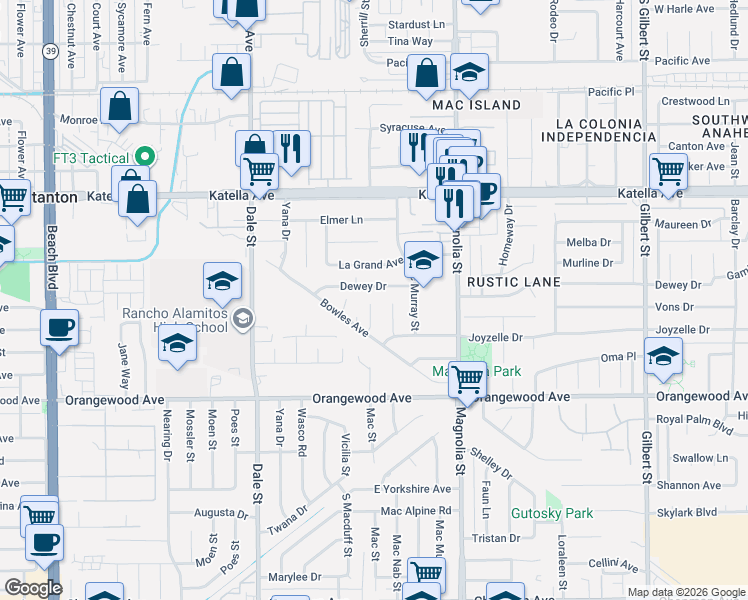 map of restaurants, bars, coffee shops, grocery stores, and more near 11246 Mac Street in Garden Grove