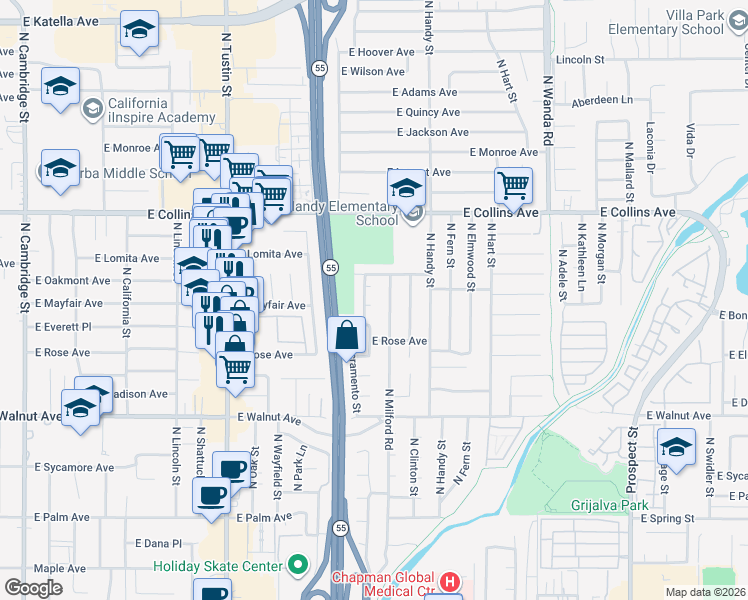 map of restaurants, bars, coffee shops, grocery stores, and more near 2233 East Everett Place in Orange