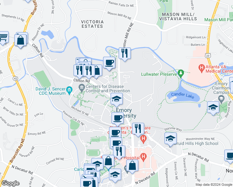 map of restaurants, bars, coffee shops, grocery stores, and more near 1585 Clifton Road in Atlanta