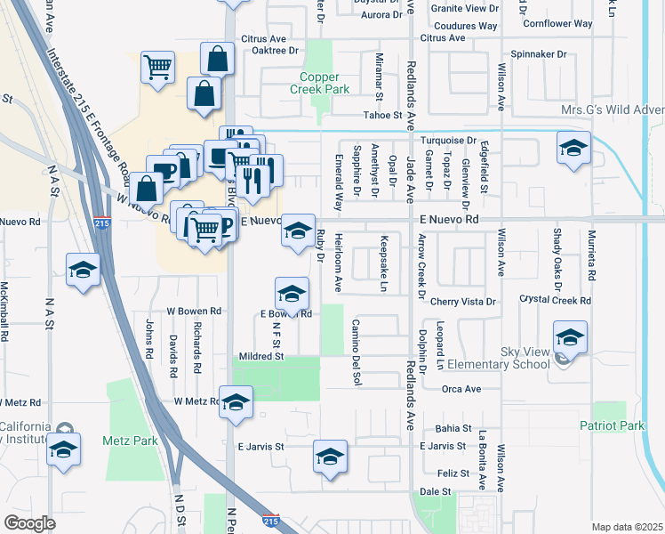 map of restaurants, bars, coffee shops, grocery stores, and more near 1492 Heirloom Avenue in Perris