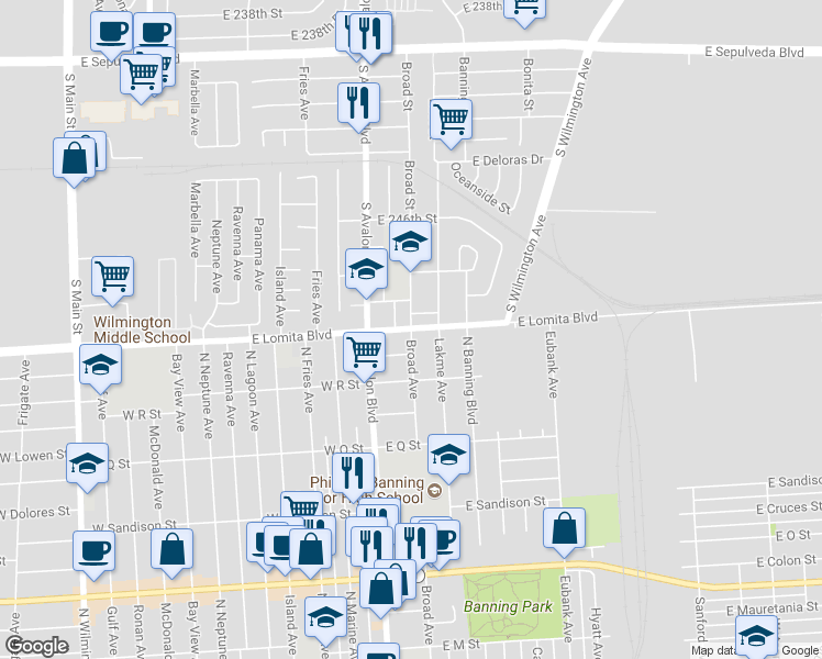 map of restaurants, bars, coffee shops, grocery stores, and more near 1885 Broad Avenue in Los Angeles