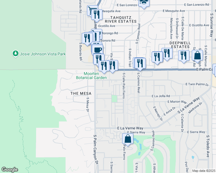 map of restaurants, bars, coffee shops, grocery stores, and more near 295 East Twin Palms Drive in Palm Springs