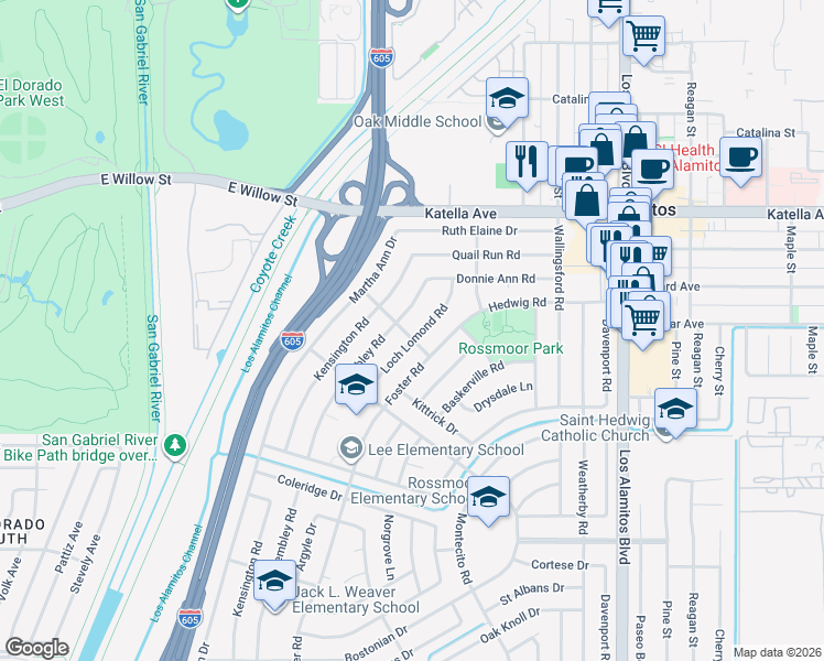 map of restaurants, bars, coffee shops, grocery stores, and more near 11301 Loch Lomond Road in Los Alamitos