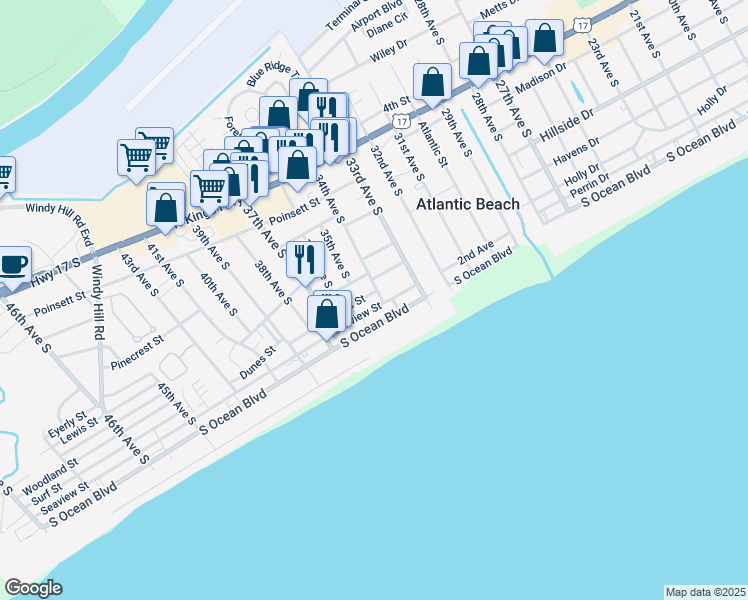 map of restaurants, bars, coffee shops, grocery stores, and more near 3401 Dunes Street in North Myrtle Beach