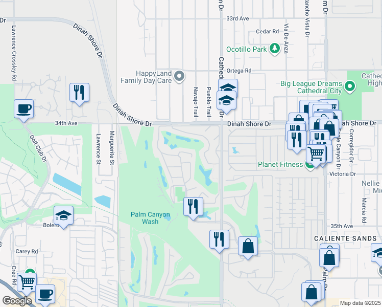 map of restaurants, bars, coffee shops, grocery stores, and more near 68366 Calle Leon in Cathedral City