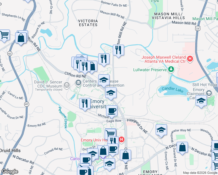 map of restaurants, bars, coffee shops, grocery stores, and more near 813 Clifton Heights Lane Northeast in Atlanta