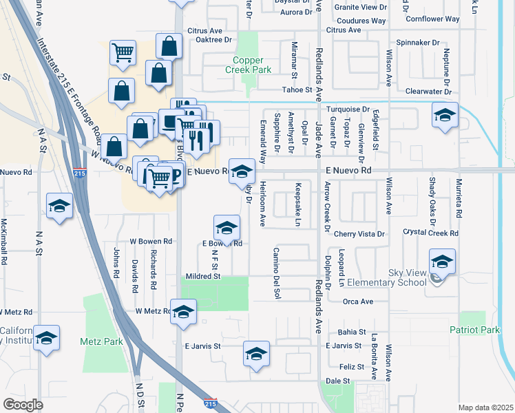 map of restaurants, bars, coffee shops, grocery stores, and more near 1492 Heirloom Avenue in Perris