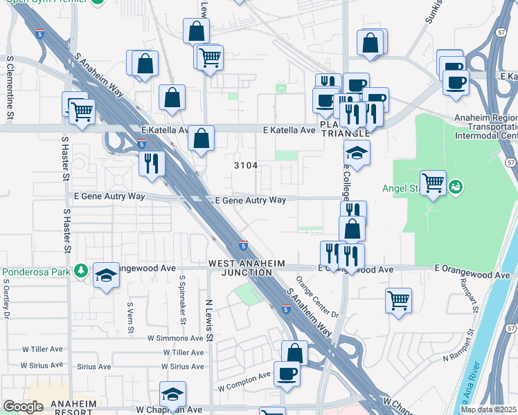 map of restaurants, bars, coffee shops, grocery stores, and more near 1200 East Gene Autry Way in Anaheim